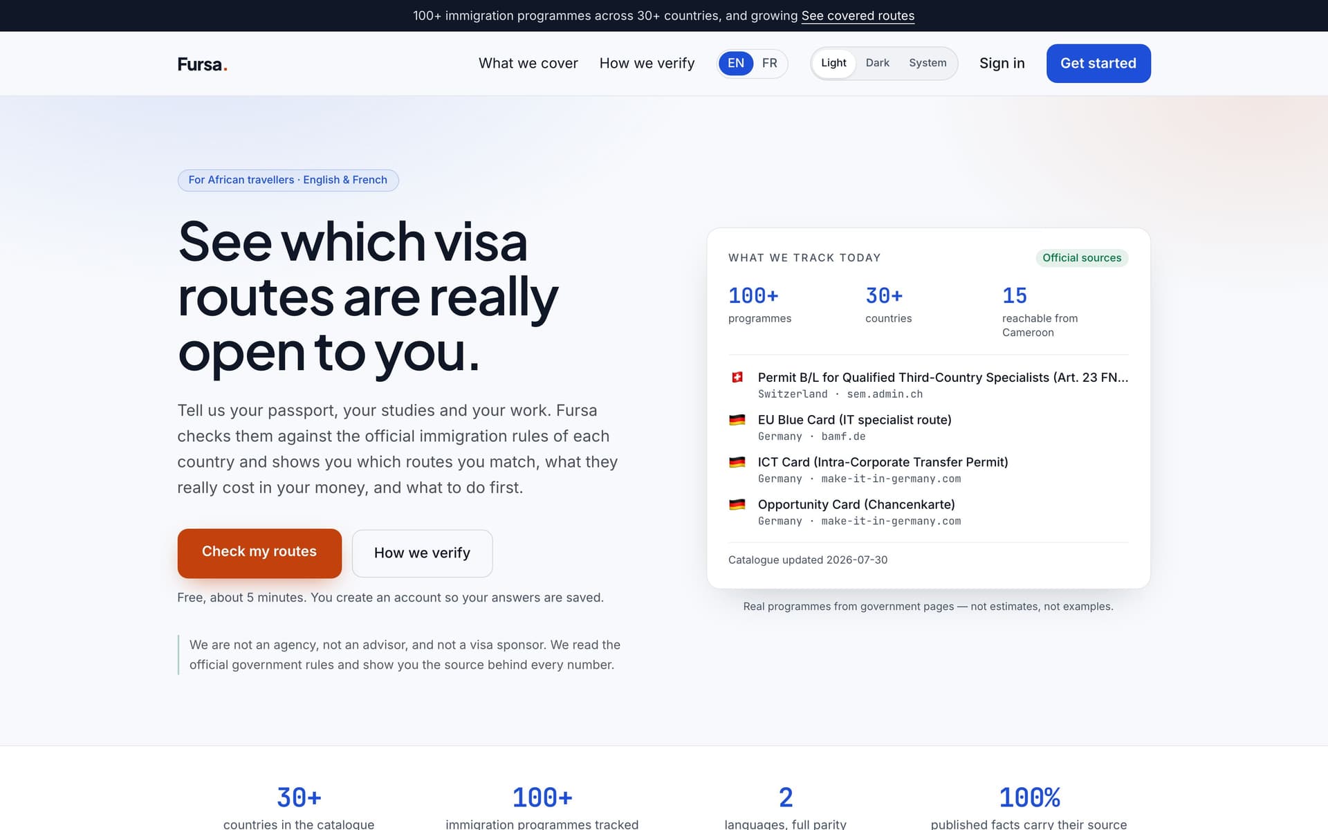 Fursa's home page — the eligibility promise beside a live catalogue of tracked immigration programmes, each with its official source