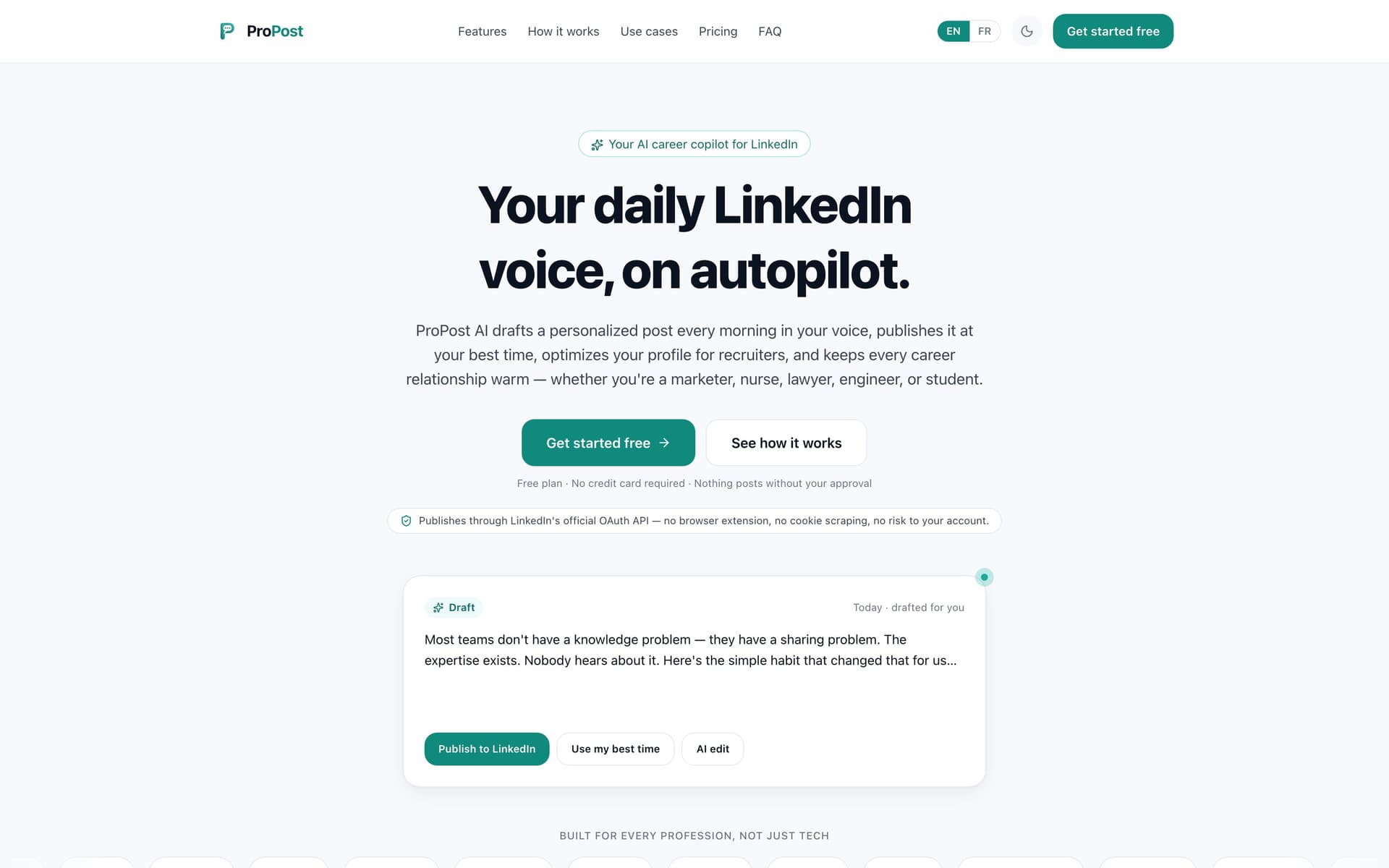 ProPost AI's home page — a daily LinkedIn draft card with publish, best-time, and AI-edit actions, published through LinkedIn's official API